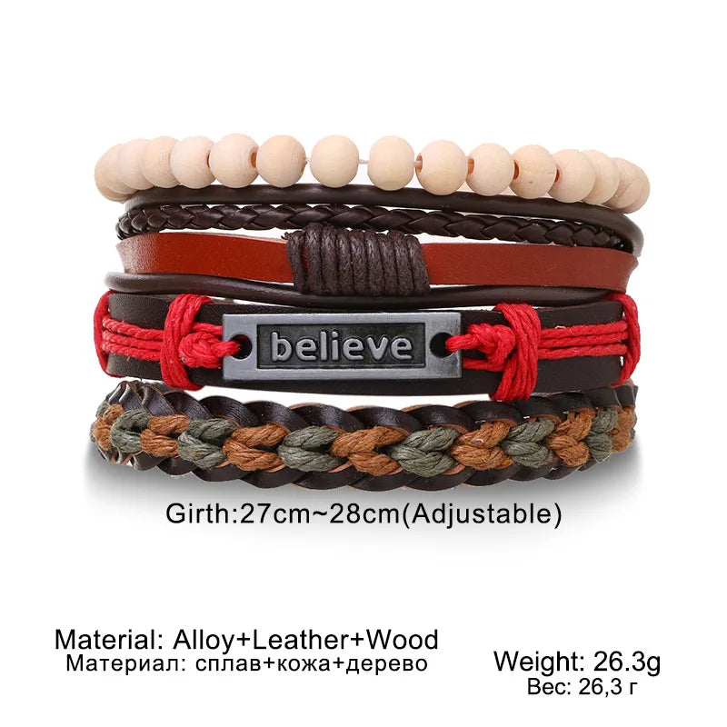 Multistrand bracelet with leather, wood, and alloy components on a white background