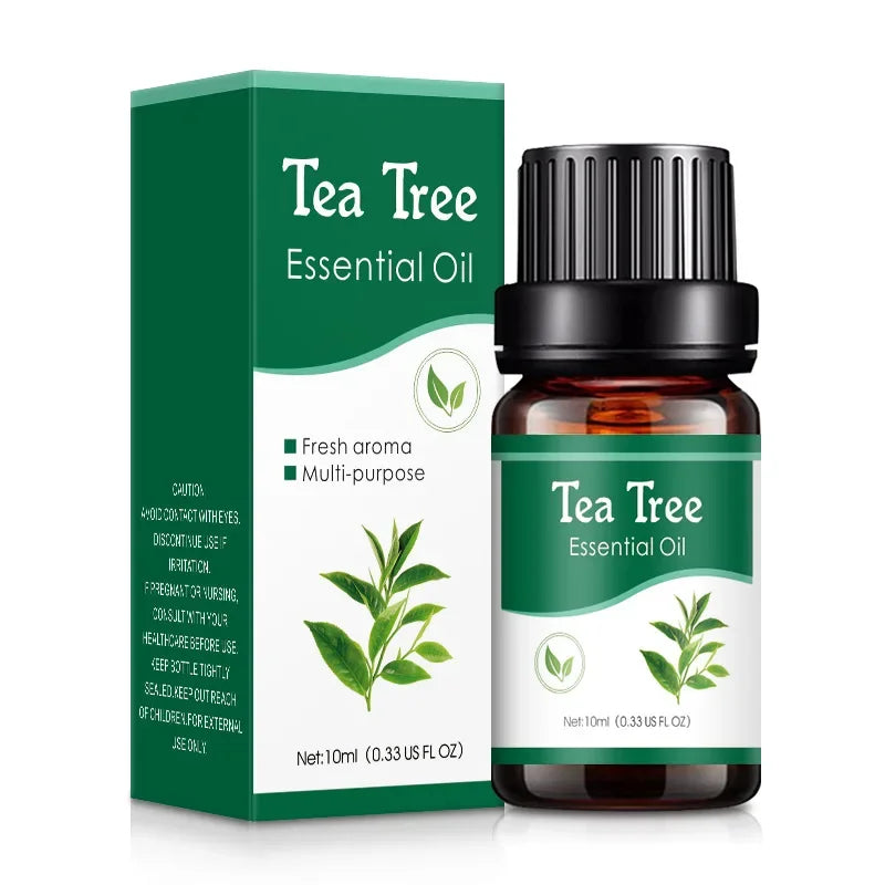 Tea Tree Essential Oil bottle and packaging on a white background