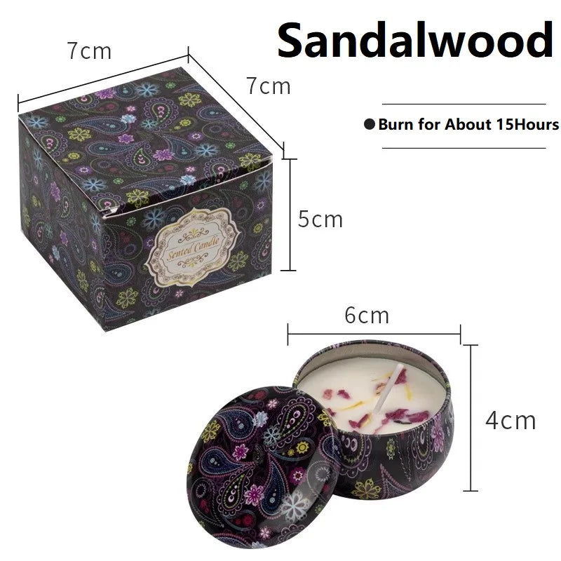 Sandalwood candle in a decorative tin with dimensions and burning time information.