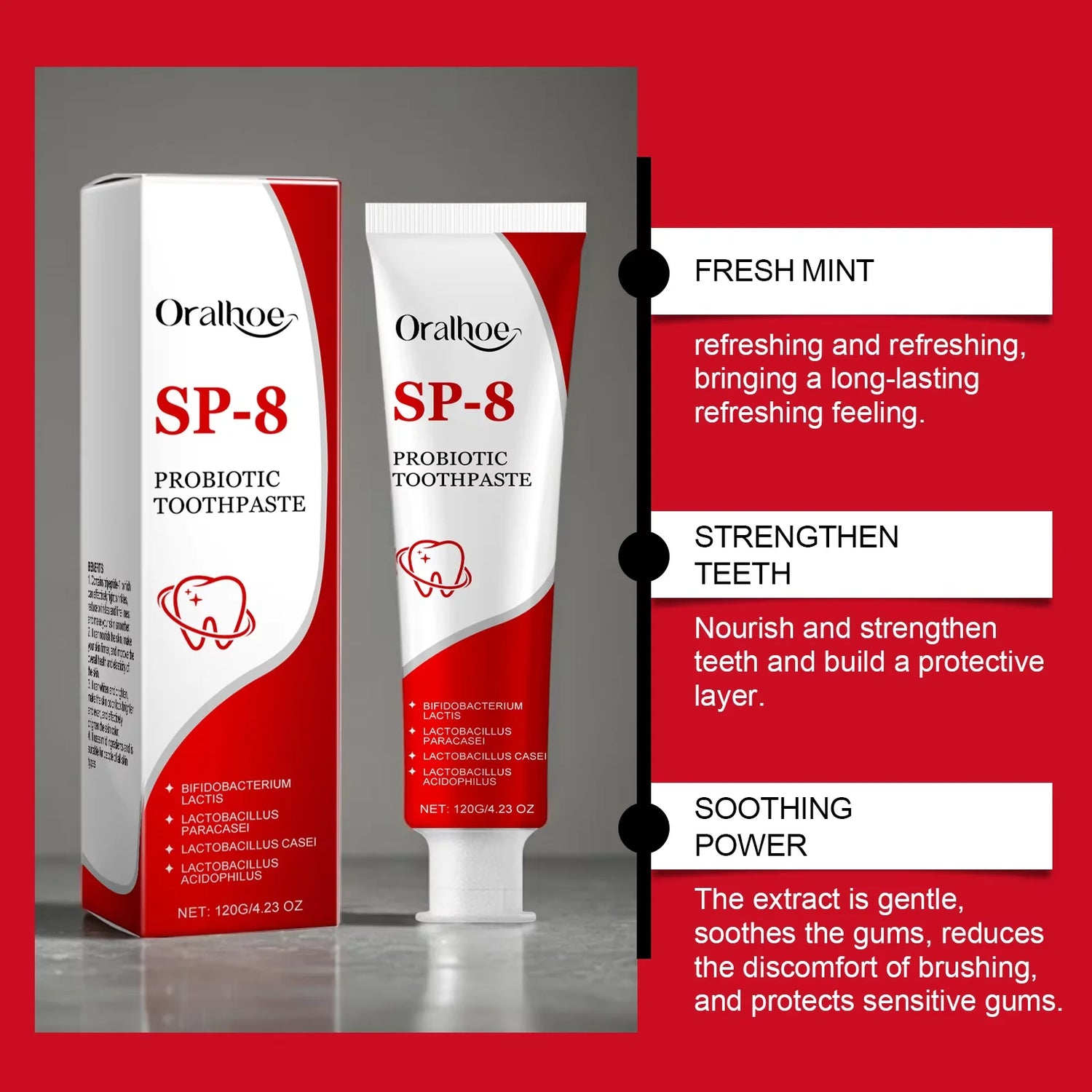 Oralhoo SP-8 Probiotic Toothpaste packaging on a red background