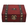 Red wooden treasure chest with decorative straps and lock on a white background