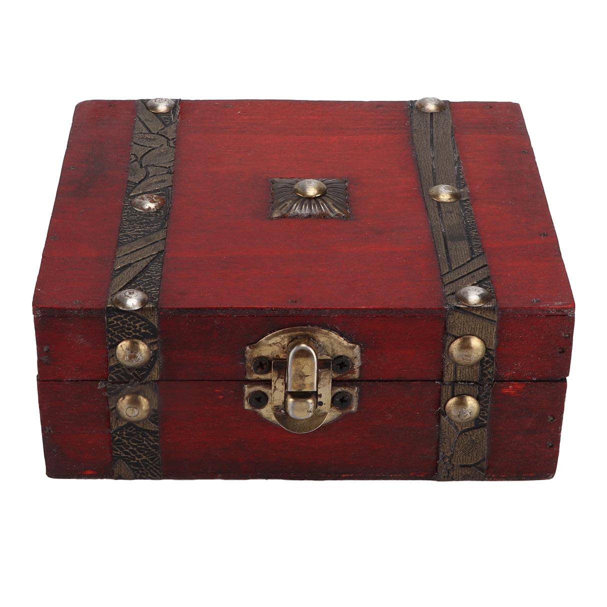 Red wooden treasure chest with decorative straps and lock on a white background