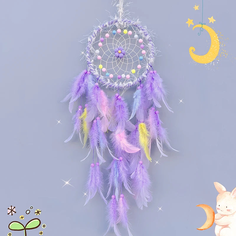 Decorative dreamcatcher with feathers on a light purple background
