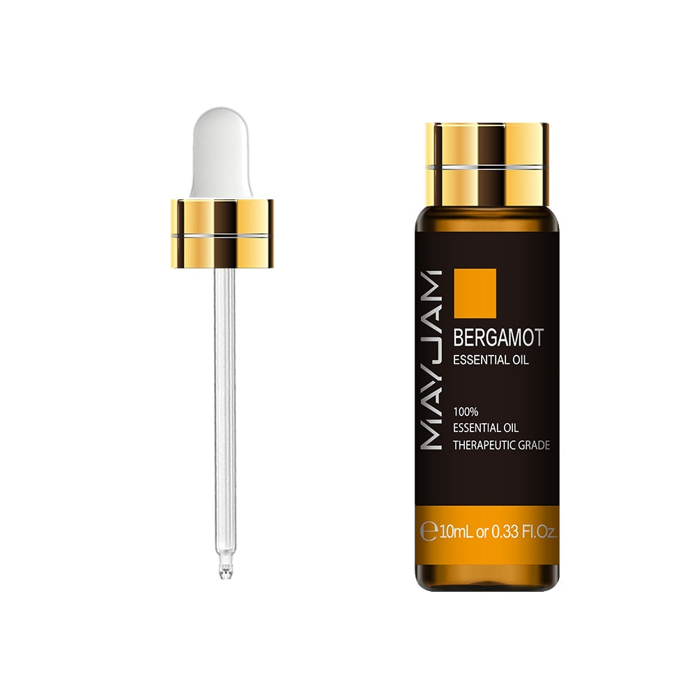 MayJam Bergamot essential oil bottle with dropper on a white background