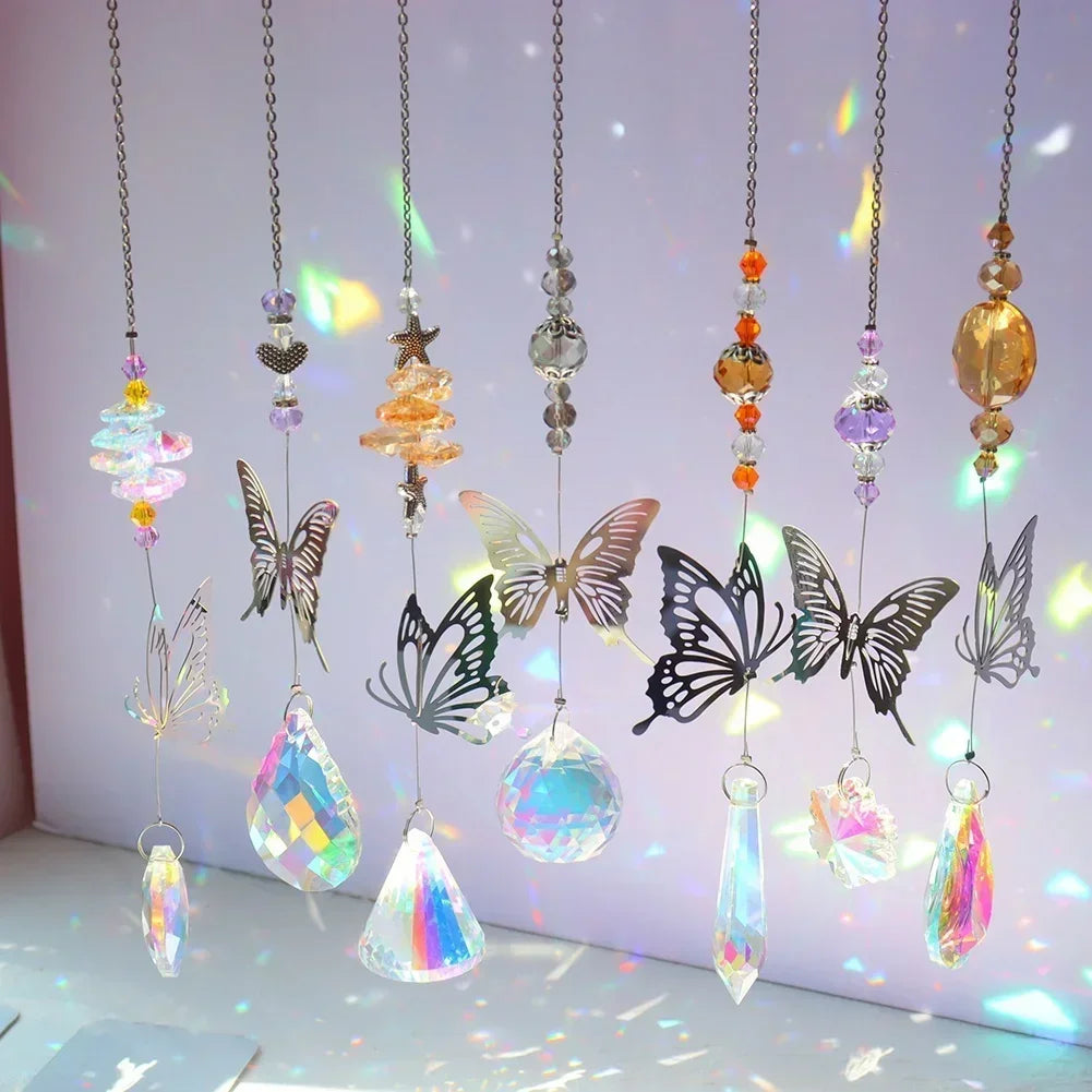 Decorative hanging ornaments with butterflies and beaded chains on a light background
