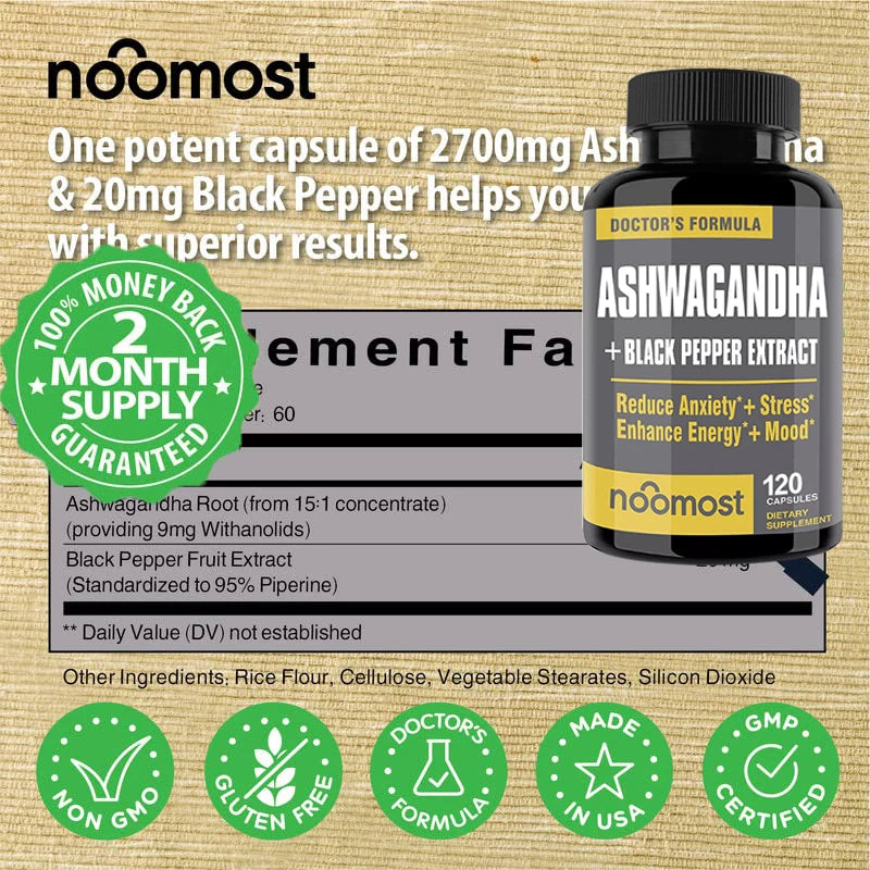 Noomost Ashwagandha + Black Pepper Extract supplement bottle with packaging details on a beige background