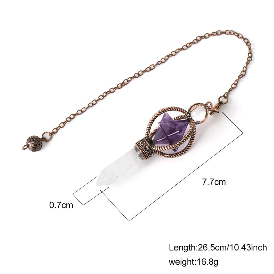 Jewelry item with purple crystal and chain, dimensions shown on a white background