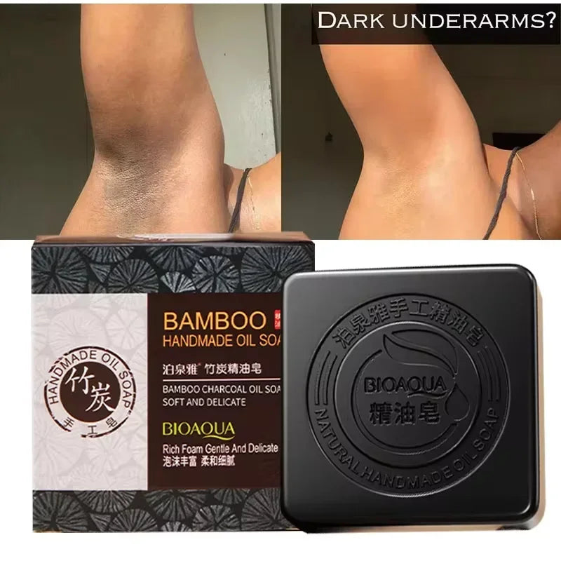 Black soap bar with packaging and close-up of dark underarms.
