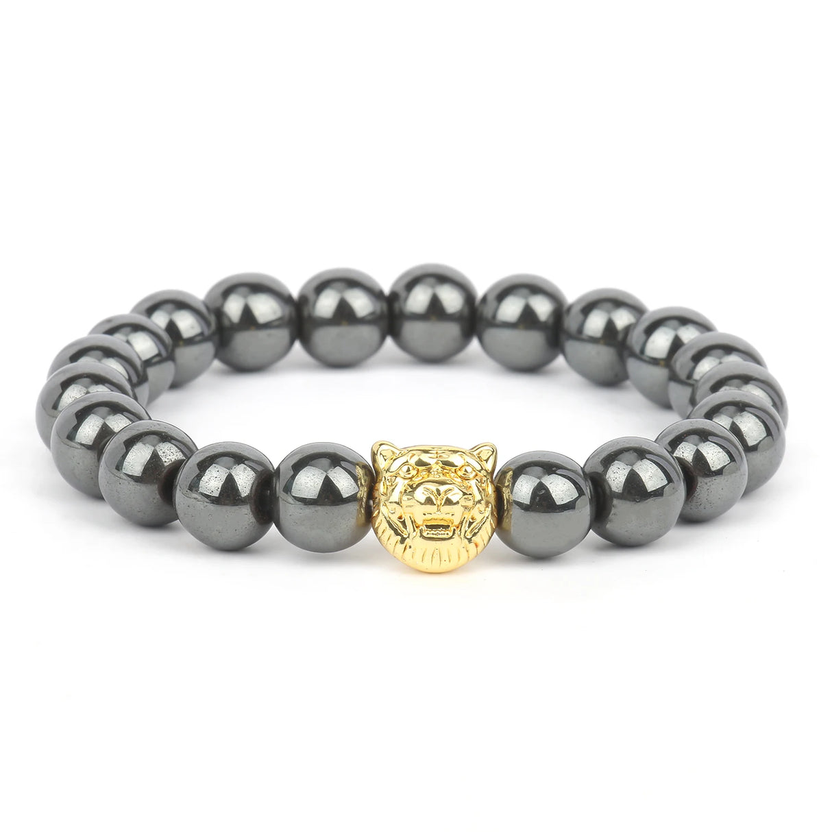 Gray beaded bracelet with a gold lion head charm on a white background