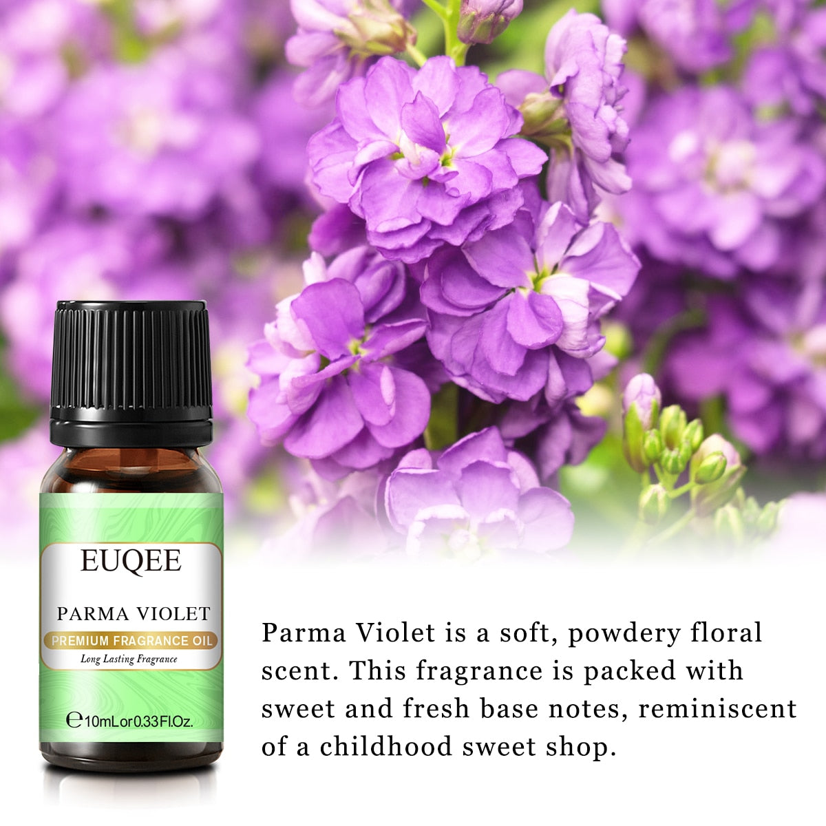 EUQEE Parma Violet fragrance oil bottle with purple flowers in the background