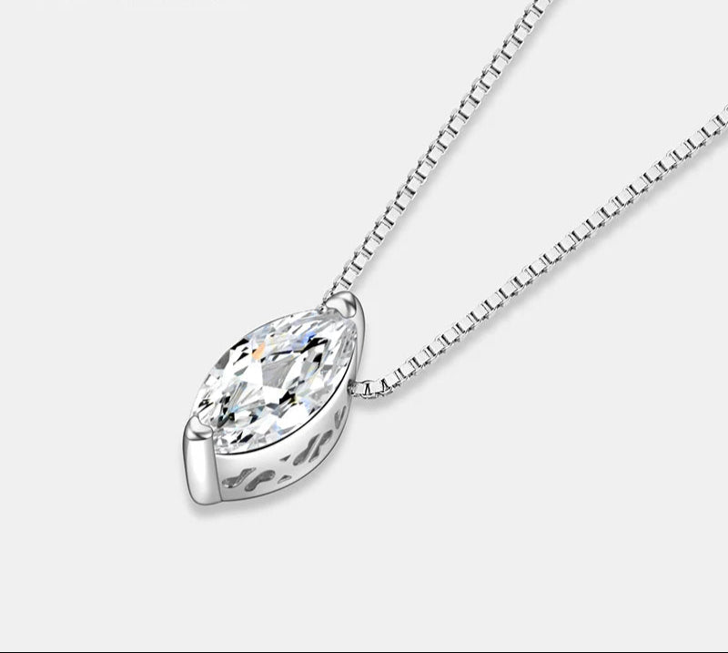 Silver necklace with a clear gemstone pendant on a white background, branded 'PERFANY'.
