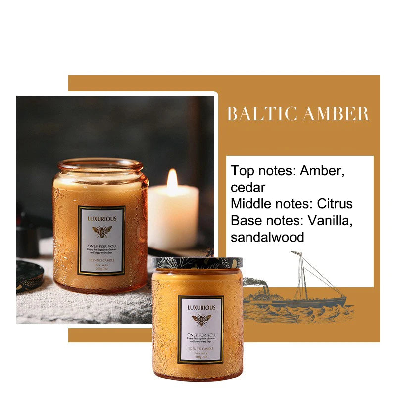 Luxurious Baltic Amber candle with detailed label and description on a white background