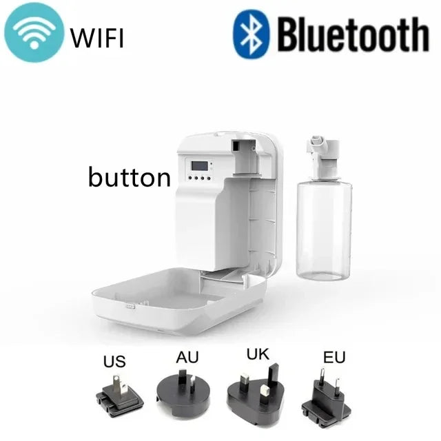 White electronic device with various connectors labeled US, AU, UK, EU on a white background.