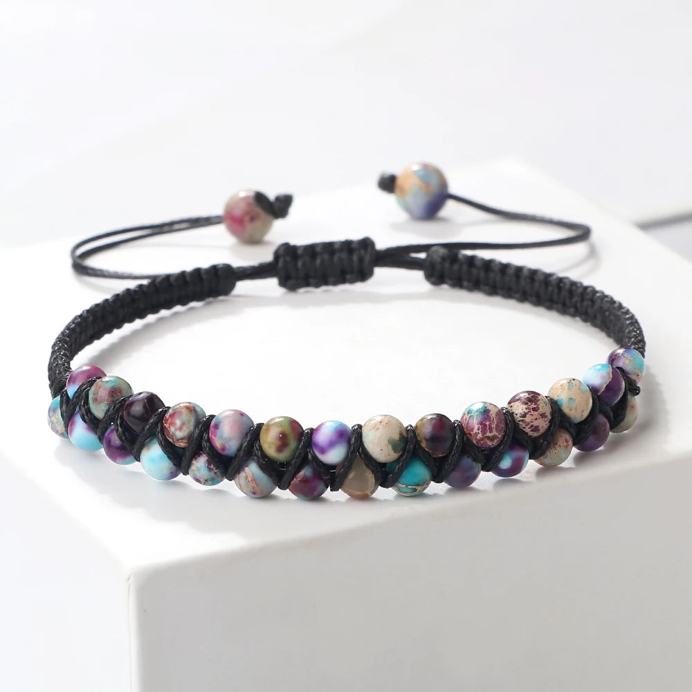 Multicolored beaded bracelet on a white background