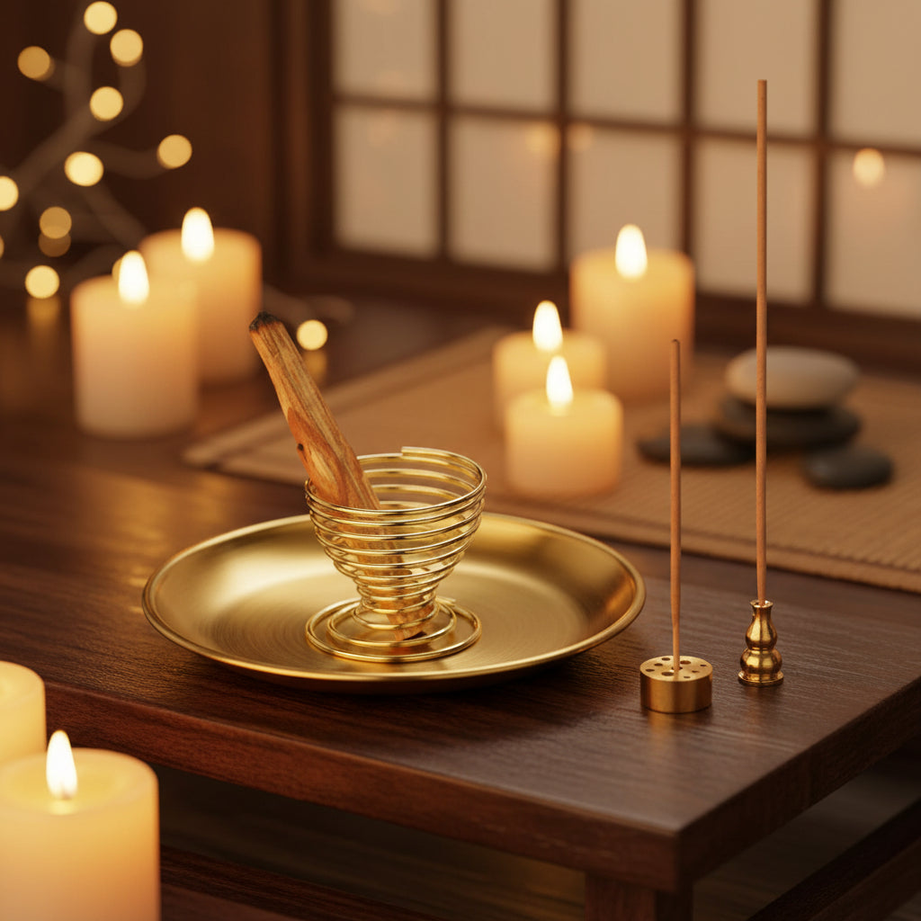 Gold incense burner with wooden matches and incense sticks on a white background