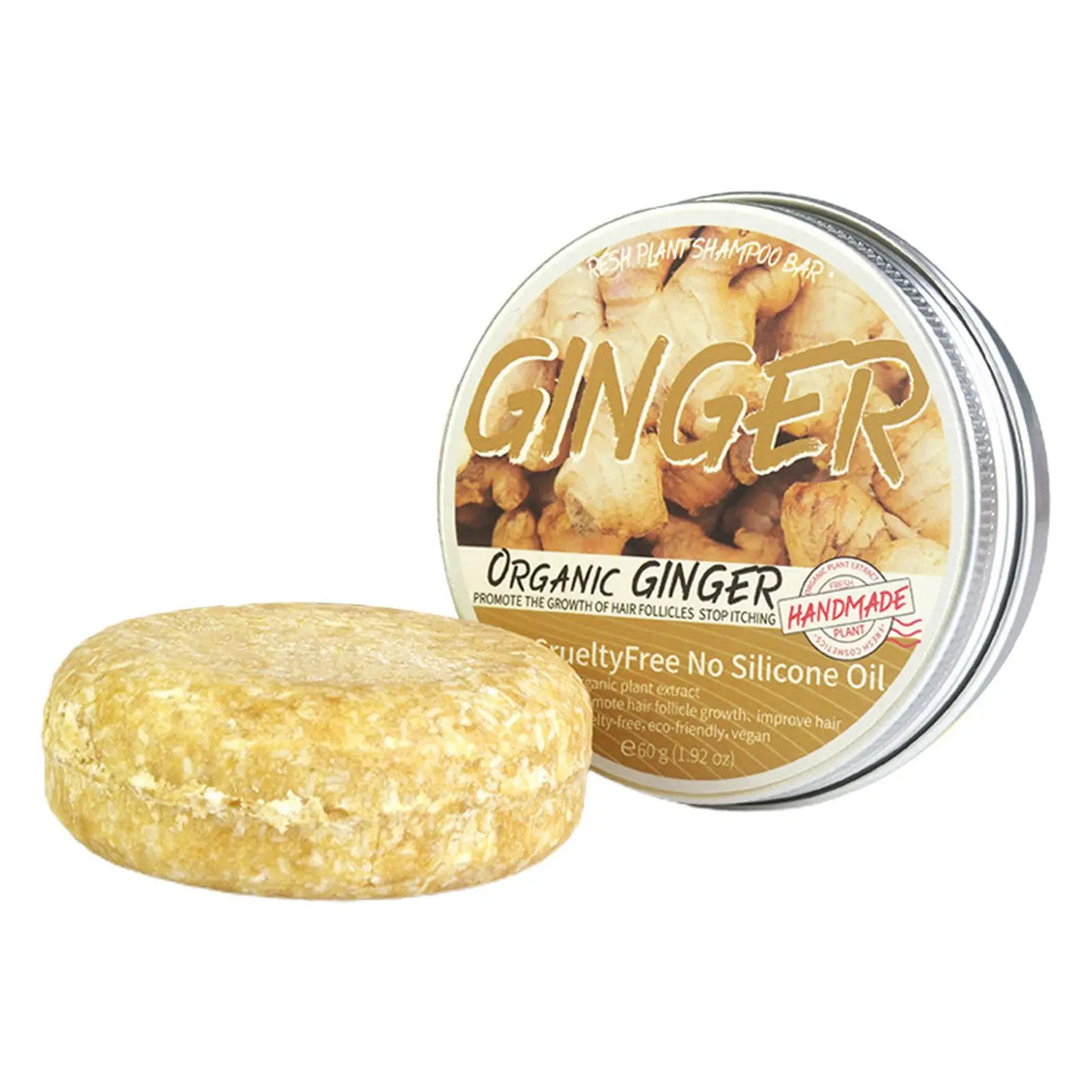 Organic ginger shampoo bar with packaging on a white background