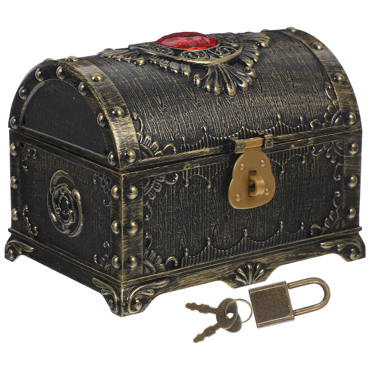 Decorative treasure chest with lock and keys on a white background