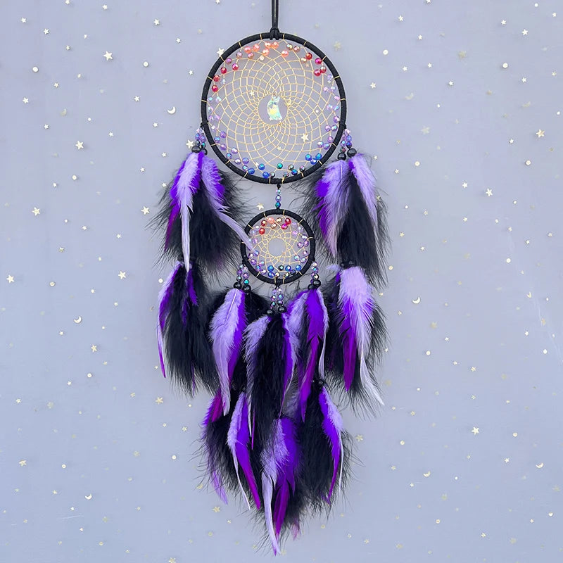 Dreamcatcher with purple and black feathers on a starry background
