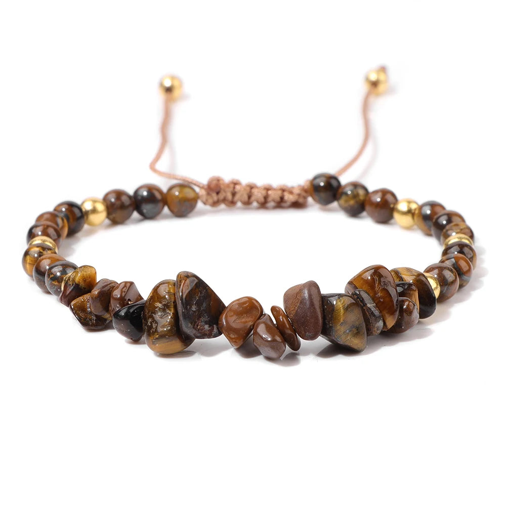 Beaded bracelet with brown and gold stones on a white background
