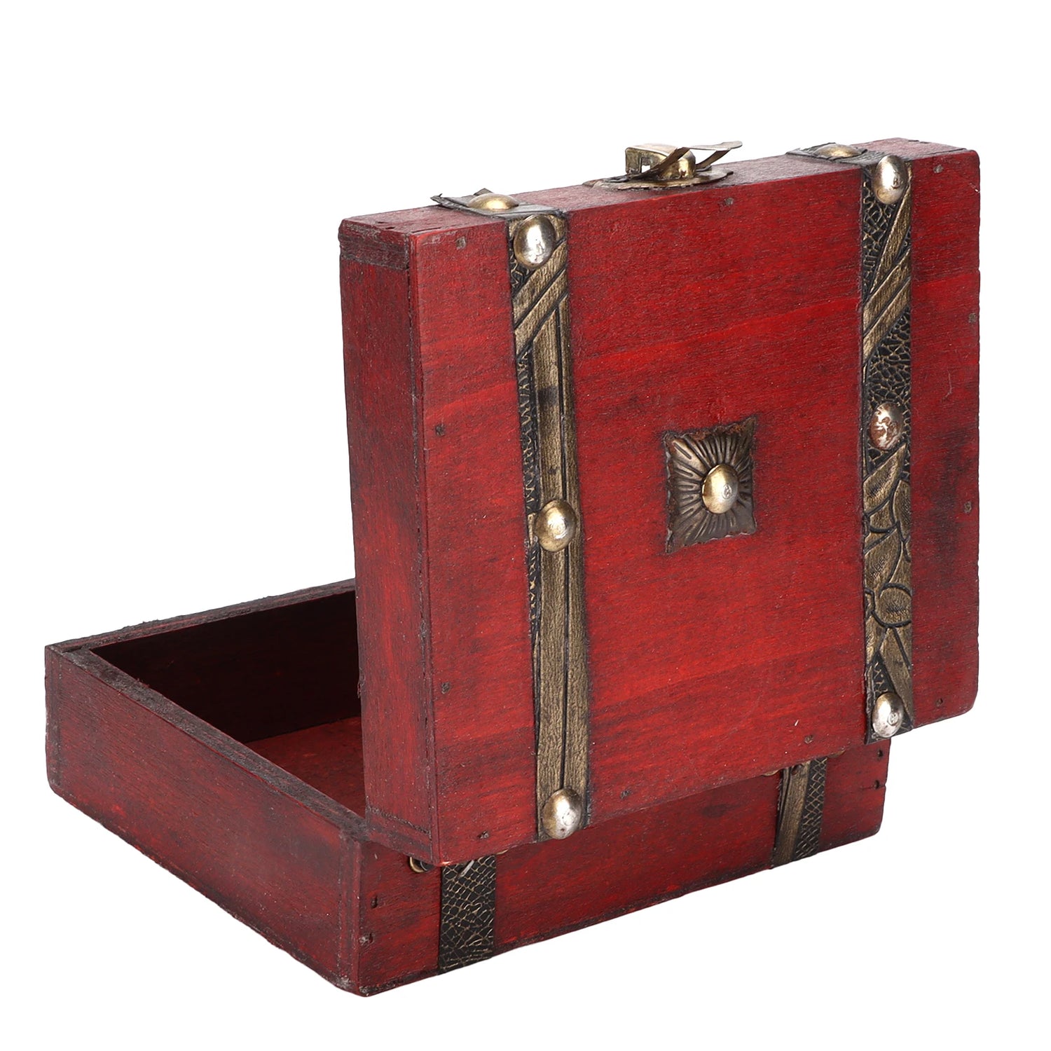 Red wooden treasure chest with metallic accents on a white background