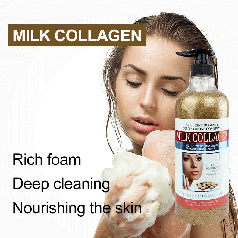 Bottle of Milk Collagen product with a woman holding a sponge and text highlighting features.