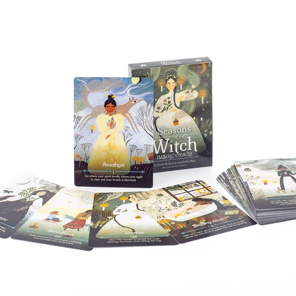 Witch-themed oracle cards with a box on a white background