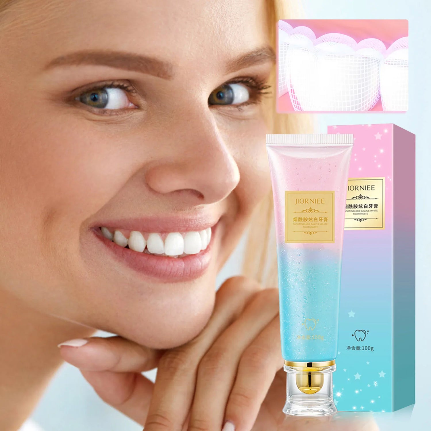 Woman with a bright smile holding a tube of toothpaste next to its packaging