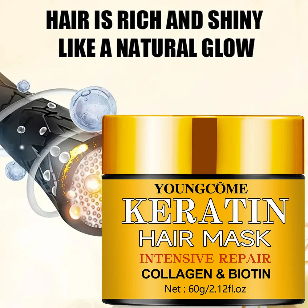 Yellow jar of Youngcome Keratin Hair Mask with text about hair health on a beige background