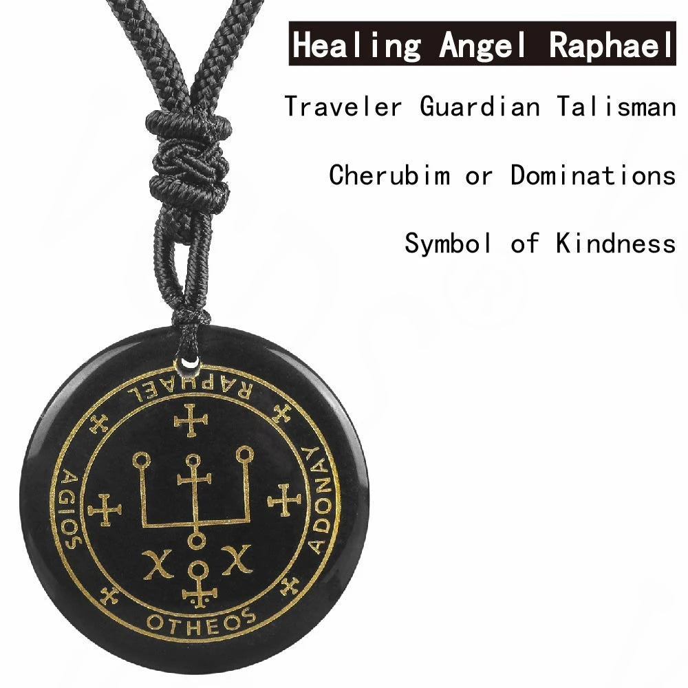 Black pendant with gold symbols on a black cord, labeled 'Healing Angel Raphael'.