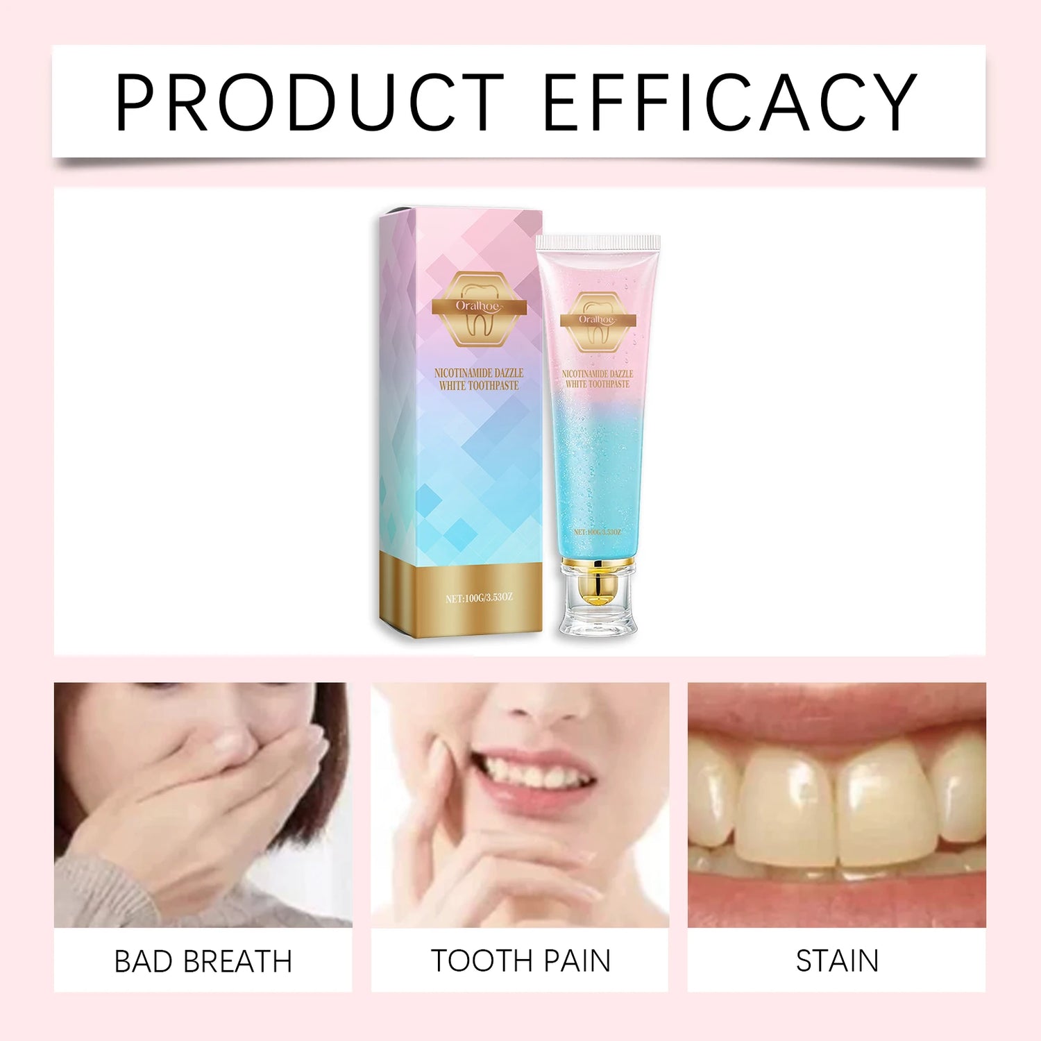 Product efficacy of a dental care product with packaging and before/after images on a pink background.