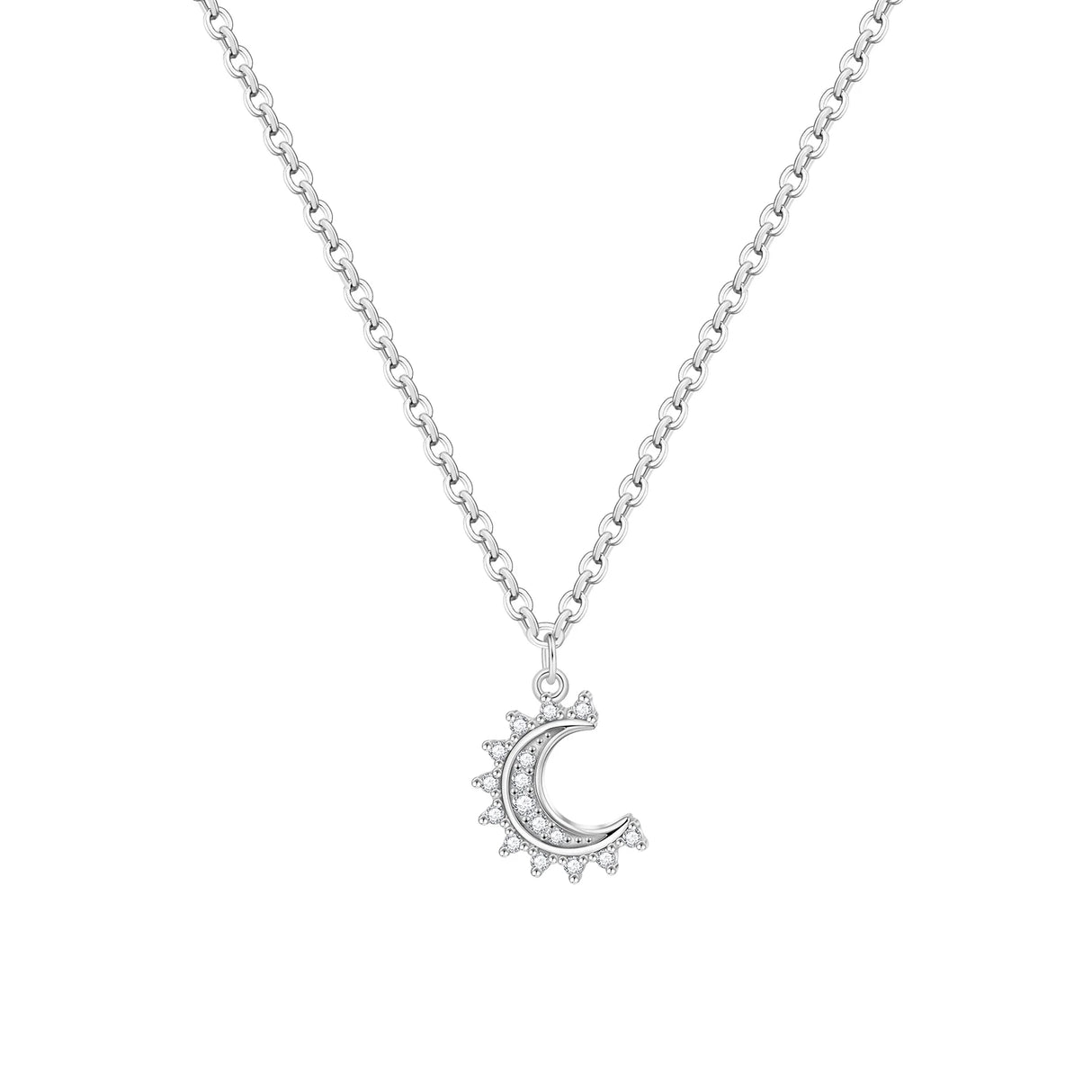 Silver necklace with a crescent moon and sun pendant on a white background
