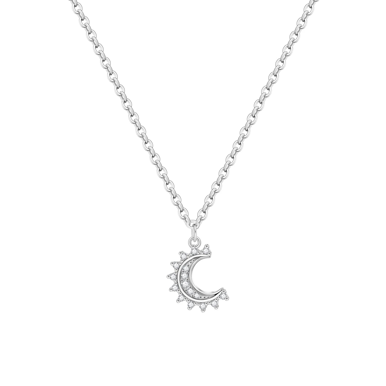 Silver necklace with a crescent moon and sun pendant on a white background