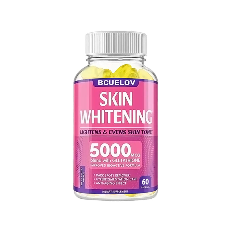 Bottle of BCUELOV Skin Whitening supplements with pink label on a white background