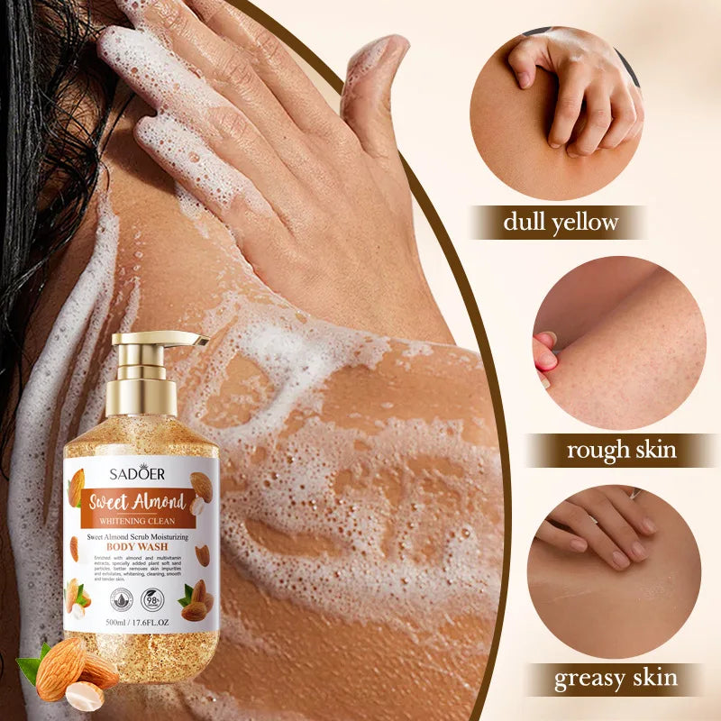 Sadoer Sweet Almond body wash bottle with a hand washing skin, showing different skin conditions.