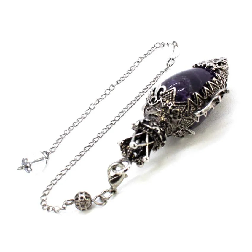 Necklace with purple crystal and silver chain on a white background