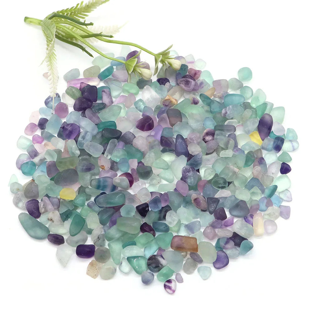 Multicolored gemstones with a small plant on a white background