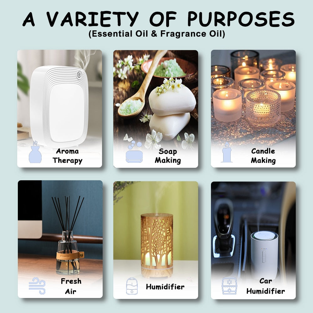 Promotional graphic for essential oil and fragrance oil with various uses including aroma therapy, soap making, candle making, fresh air, humidifier, and car humidifier.