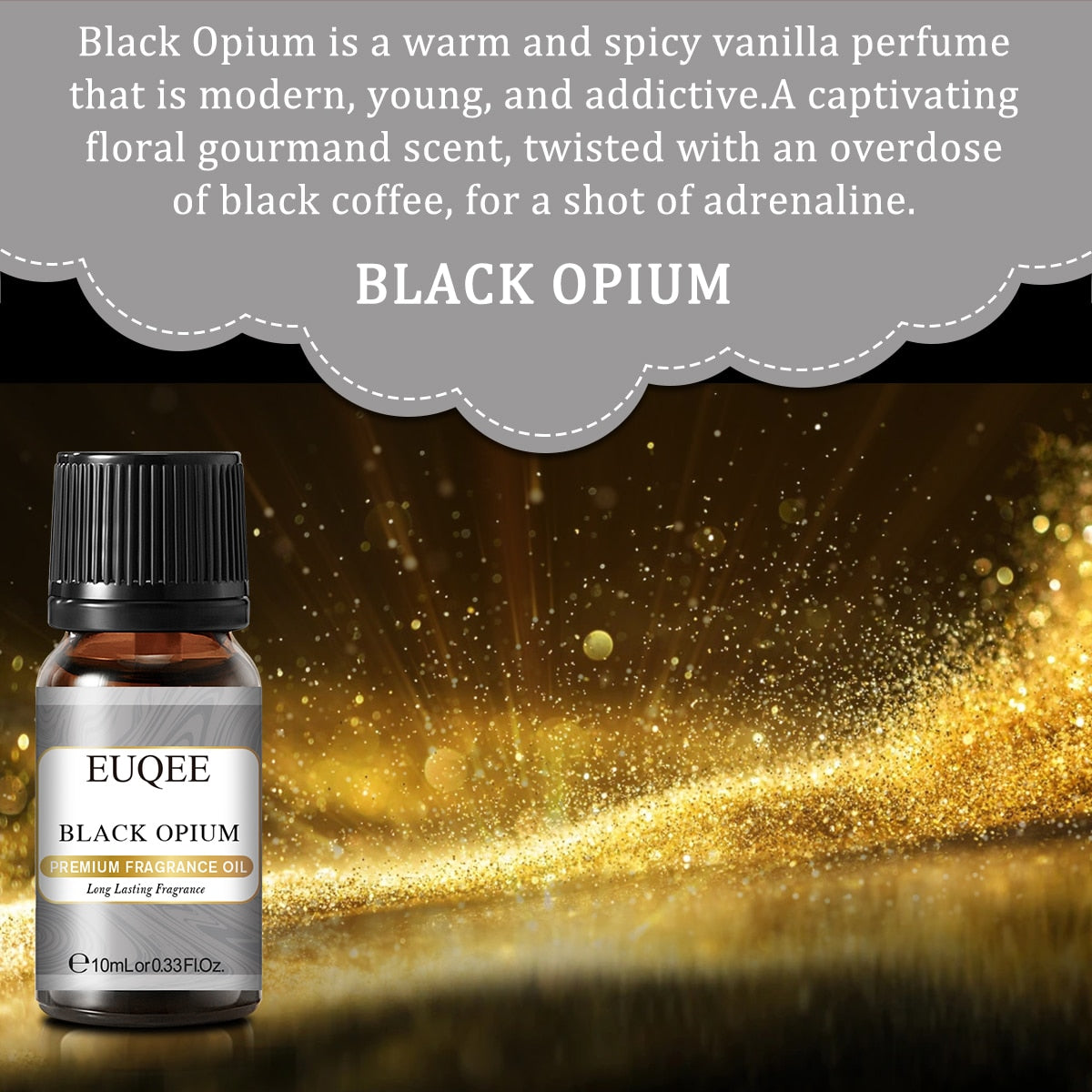 EUQEE Black Opium fragrance oil bottle with description on a dark background