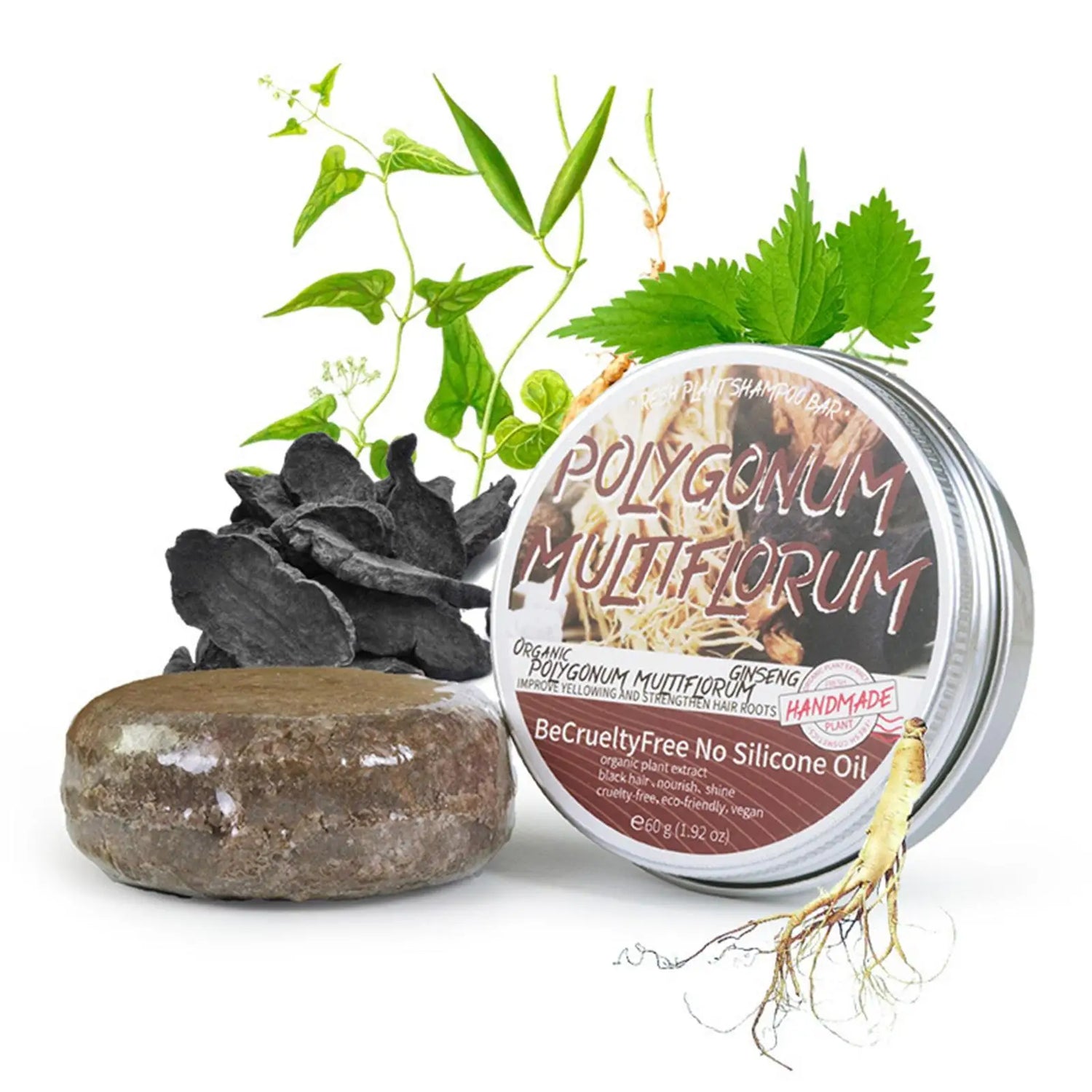 Tin of Polygnum Multiflorum oil with plants and a stone on a white background