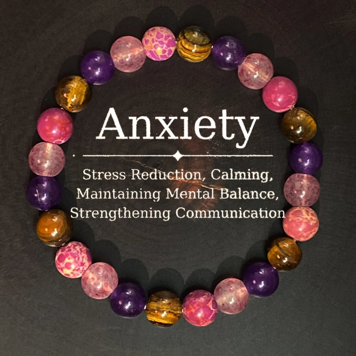 Multicolored beaded bracelet with text on a dark background