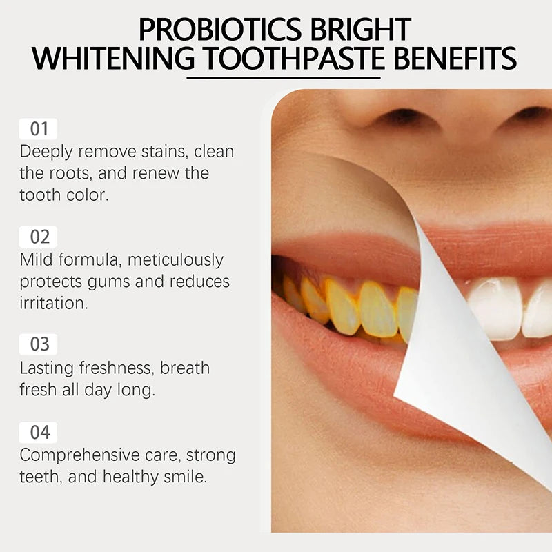 Advertisement for probiotics bright whitening toothpaste with text and close-up of teeth.
