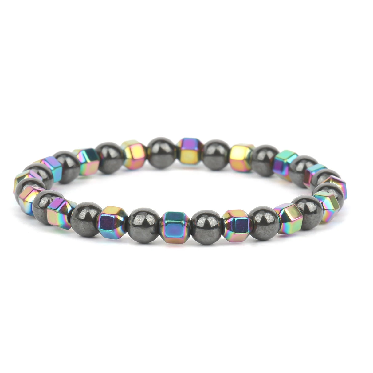 Bracelet with black beads and colorful square beads on a white background