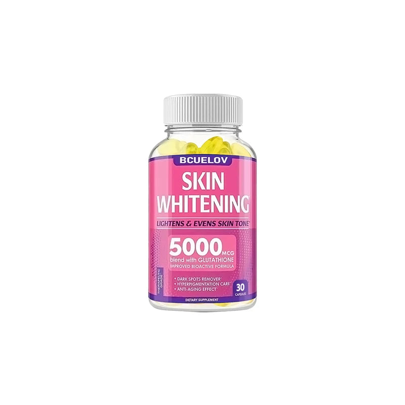Supplement bottle labeled 'Skin Whitening' with pink label on a white background