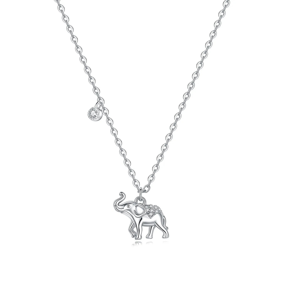 Silver elephant pendant necklace on a white background
