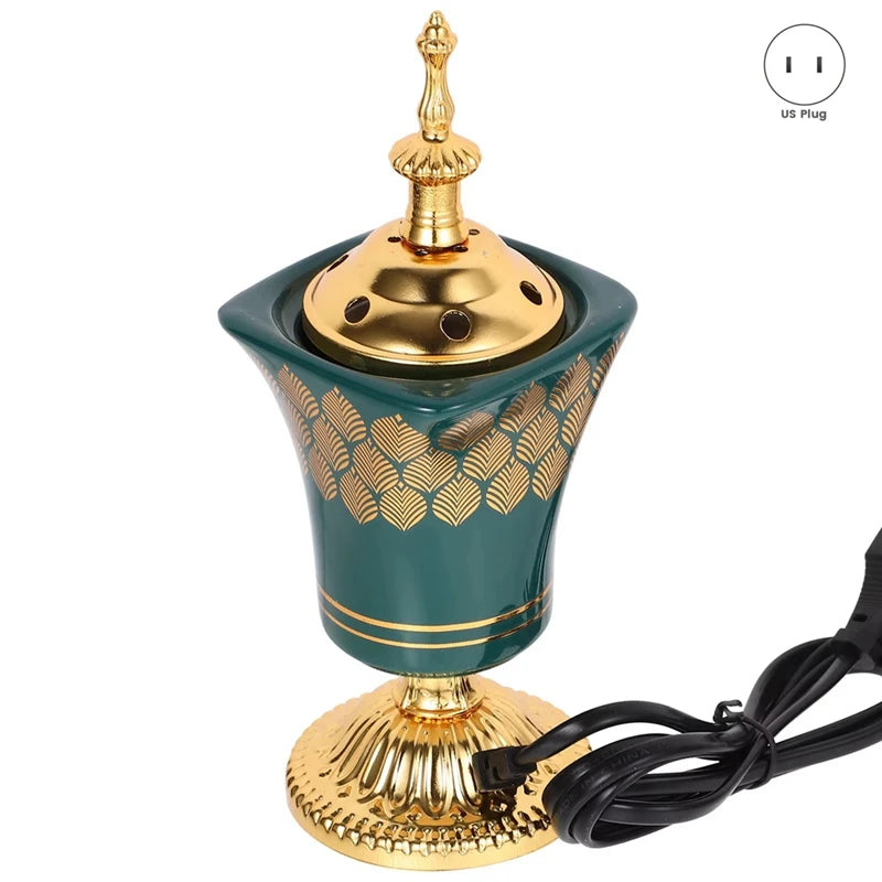 Decorative lamp with gold and green design on a white background