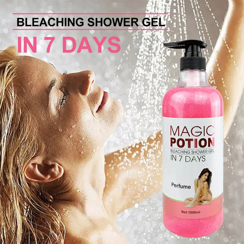 Bleaching shower gel bottle with a woman showering in the background