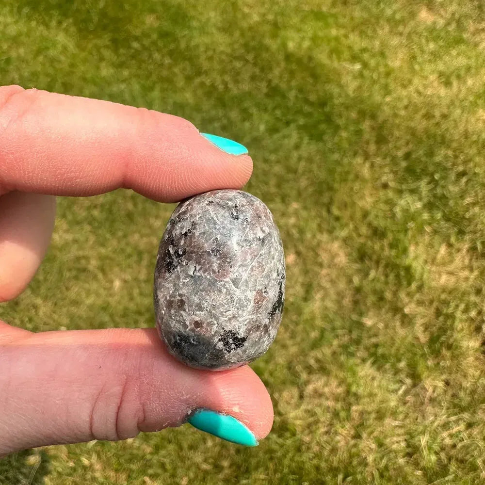 Hand holding a small stone with grass in the background