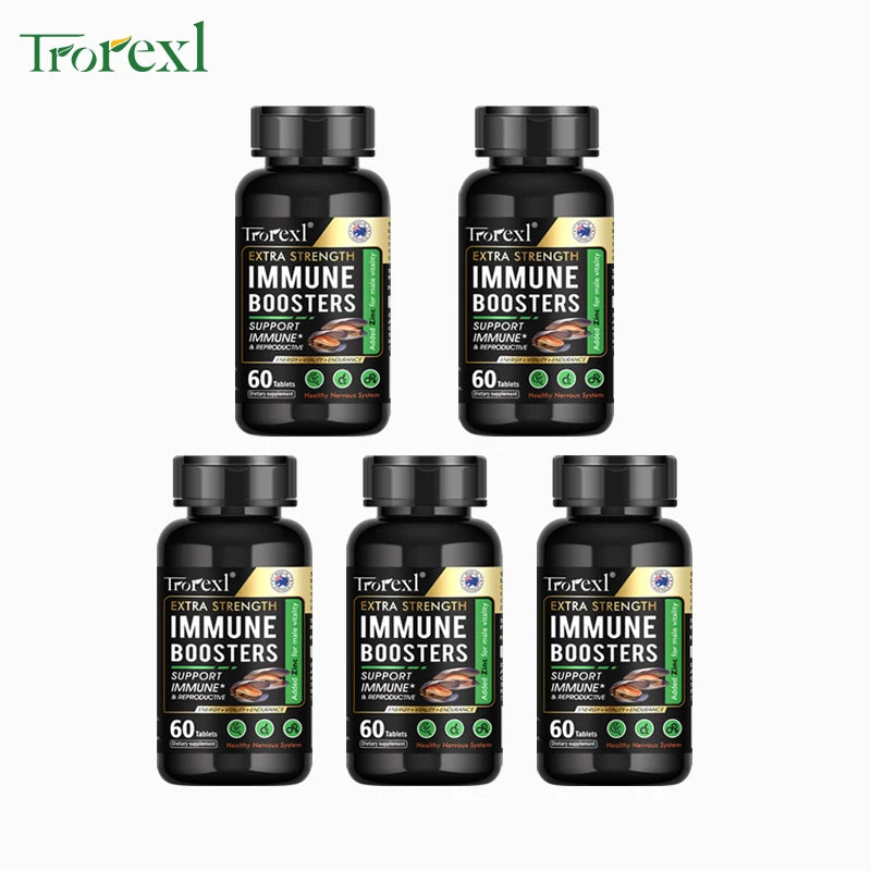 Five bottles of Trorexl Extra Strength Immune Boosters on a white background