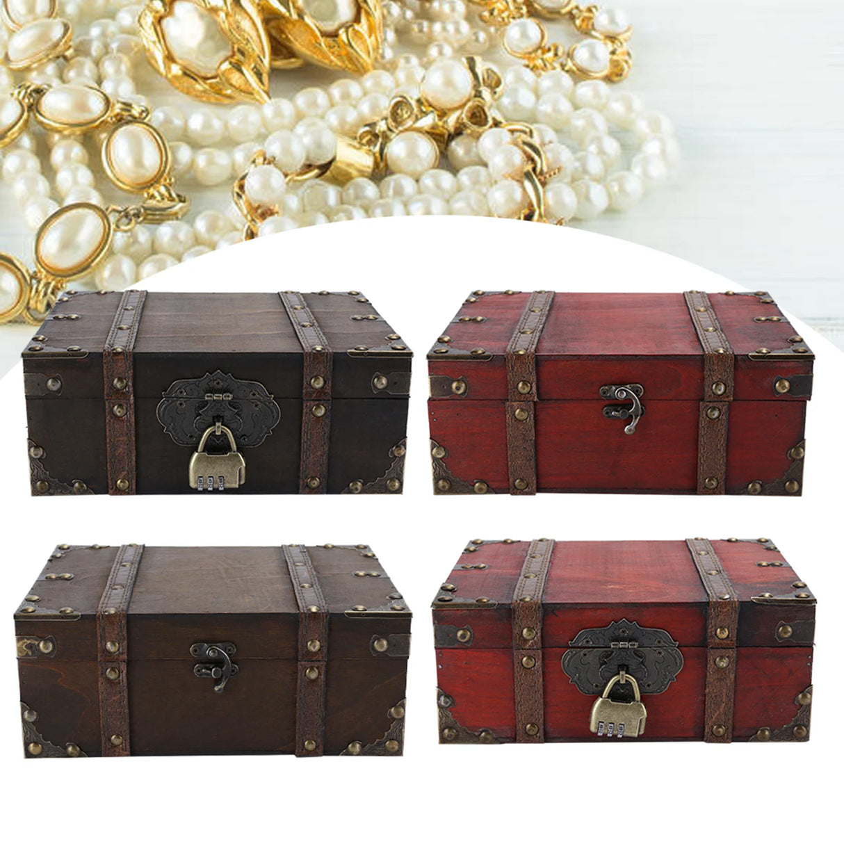 Two wooden treasure chests, one brown and one red, with locks against a background of pearls and jewelry.