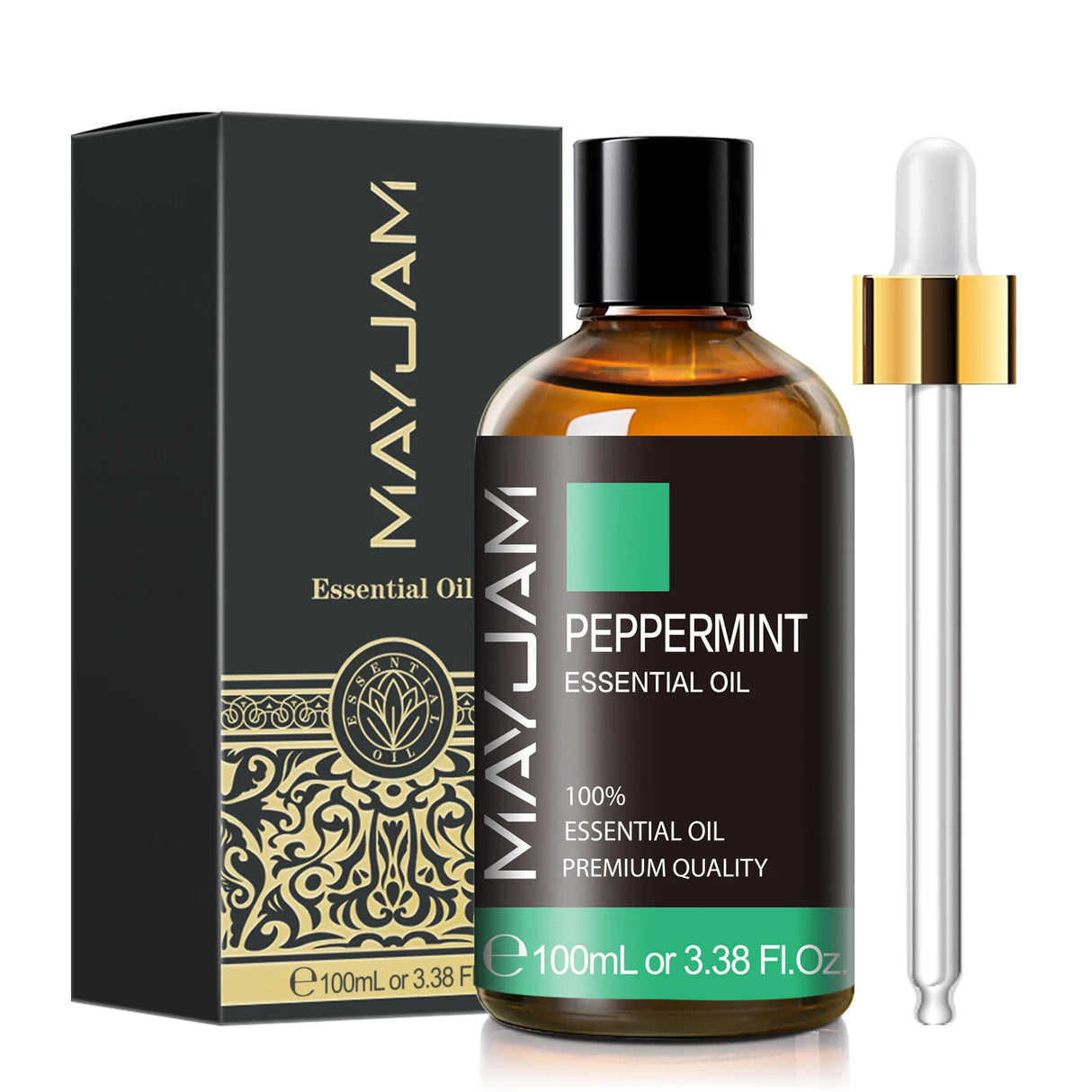 MayJam peppermint essential oil bottle with dropper and packaging on a white background